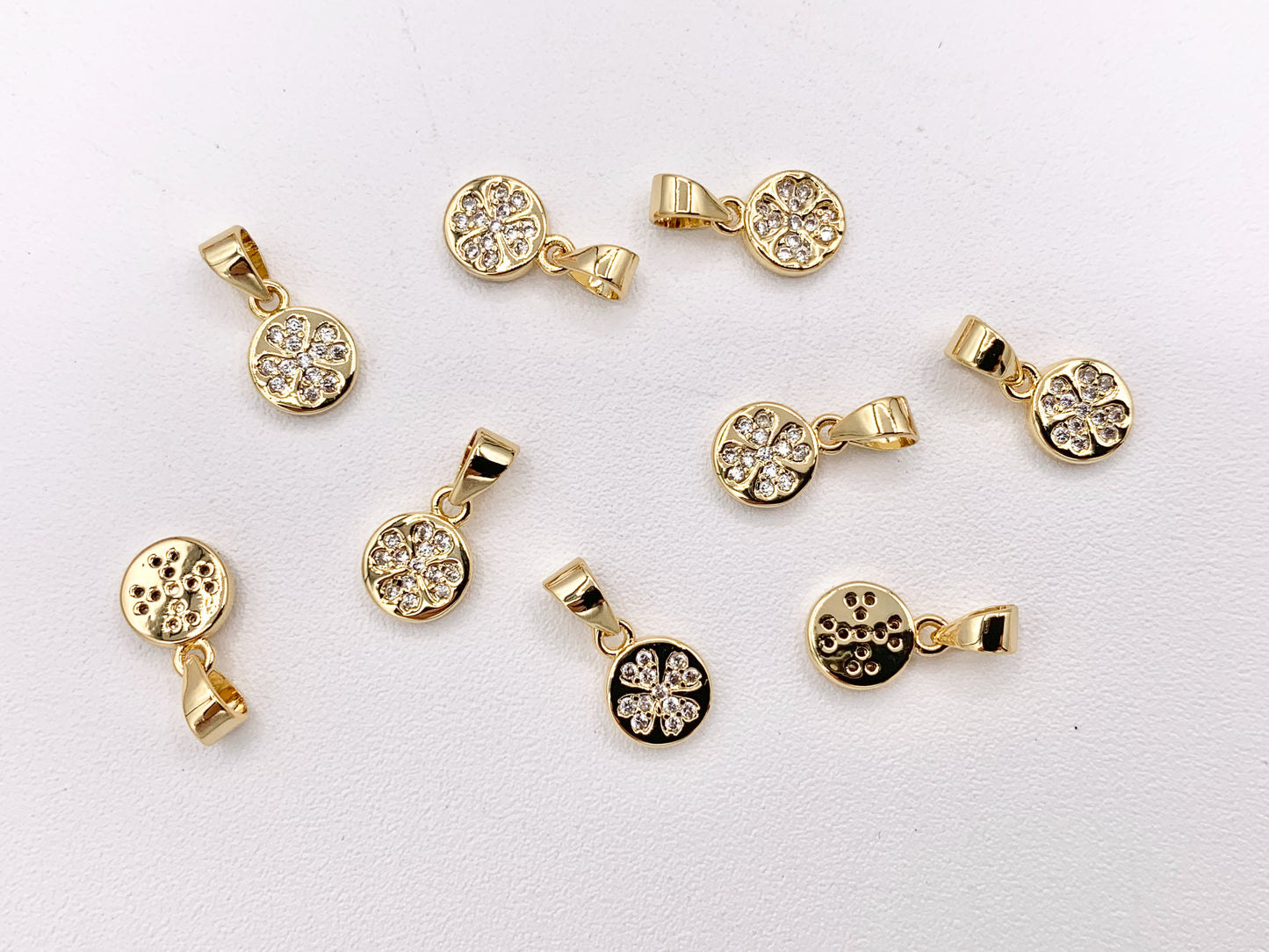 Tiny Coin Clover Charms with Bail in Real Gold 18K Plated CZ Pave Brass 10PCS
