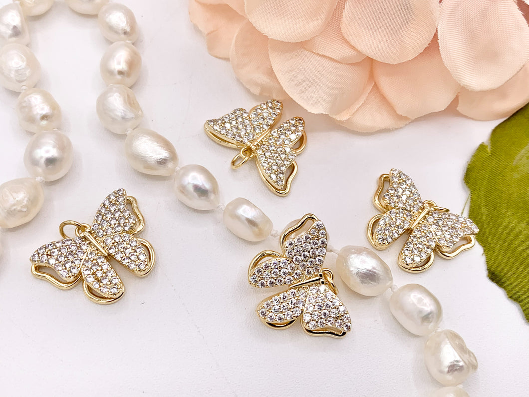 Beautiful Large Butterfly Pendant Charms in 18K Gold Plated CZ Pave Over Copper 5 PCS