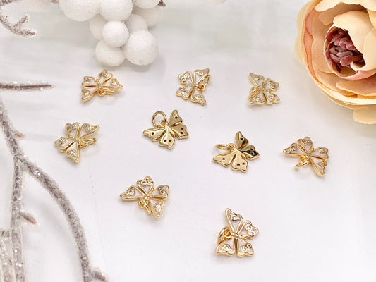 Enamel & CZ Pave Butterfly Pendant Charm in Real Gold 18K Plated Over Copper 10 PCS