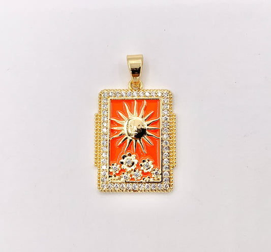 Colorful Enamel Sun And Flowers Rectangle Tag Pendant in CZ Pave Real Gold 18K Plated Over Copper 5 PCS