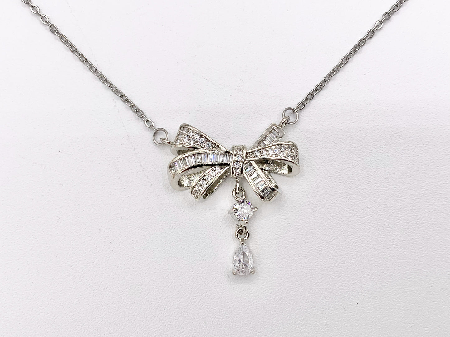 Delicate Bow Tie Dangle Necklace Silver Plated Stainless Steel Dainty Flexible Minimalist Finished Necklace 16" with Extension Link 1 PC