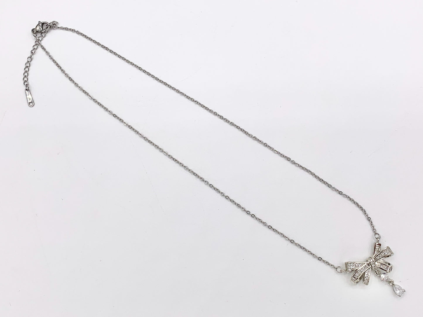 Delicate Bow Tie Dangle Necklace Silver Plated Stainless Steel Dainty Flexible Minimalist Finished Necklace 16" with Extension Link 1 PC