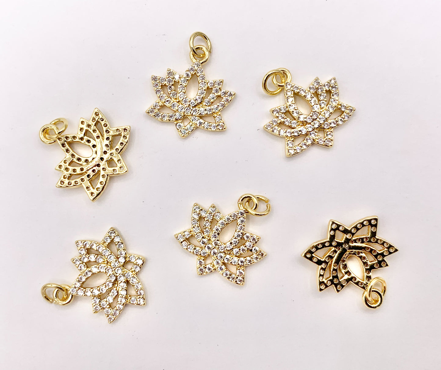 Dainty Filigree Lotus Flower Charms in Real Gold 18K Plated Micro CZ Clear Pave Over Brass 8 PCS