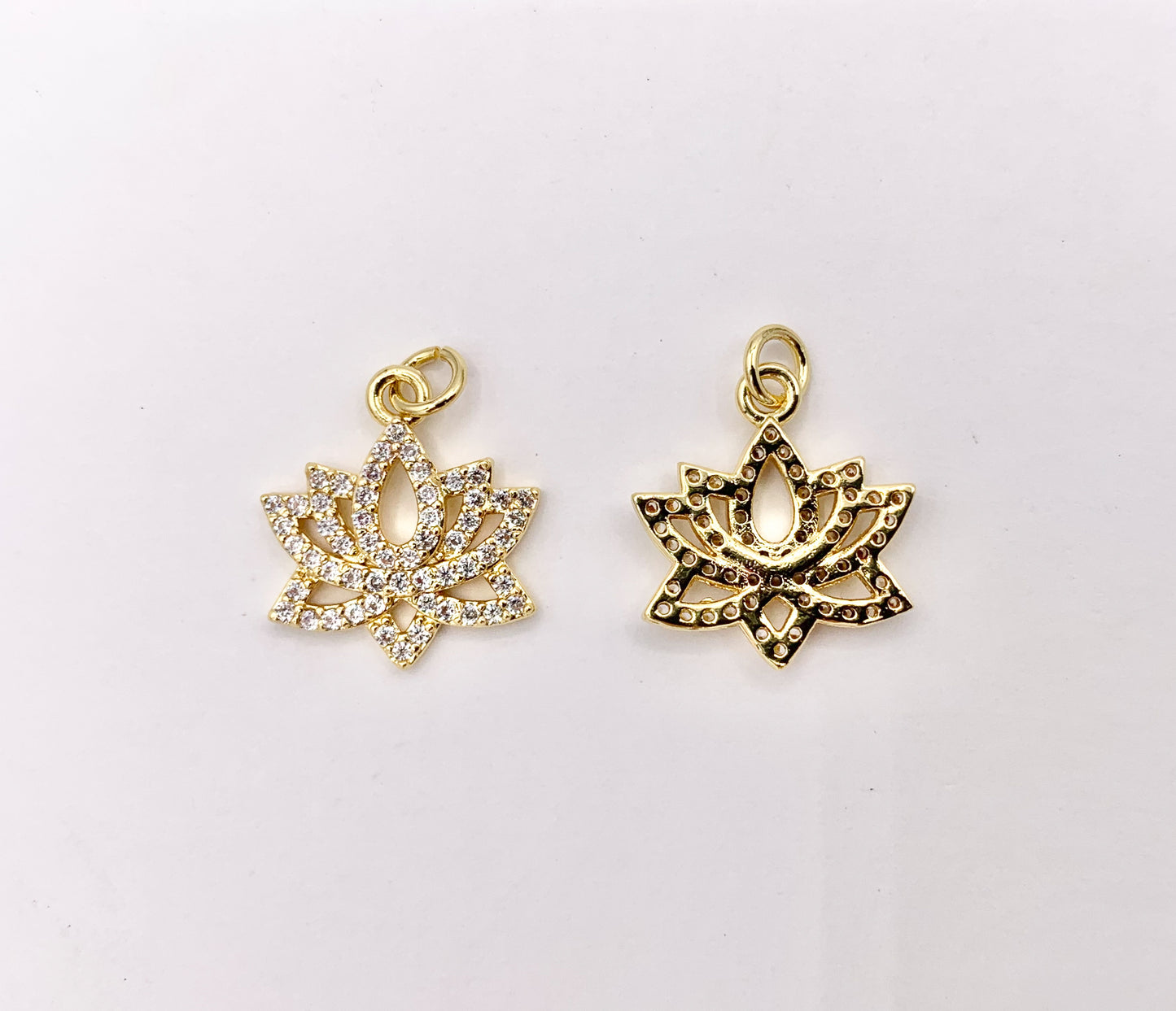 Dainty Filigree Lotus Flower Charms in Real Gold 18K Plated Micro CZ Clear Pave Over Brass 8 PCS