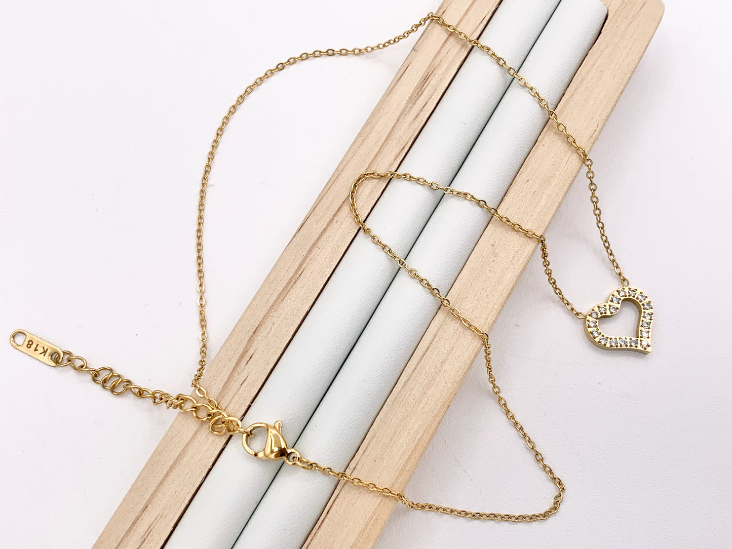 Delicate CZ Pave Heart Necklace Gold Plated Stainless Steel Dainty Flexible Minimalist Finished Necklace 16" with Extension Link 1PC