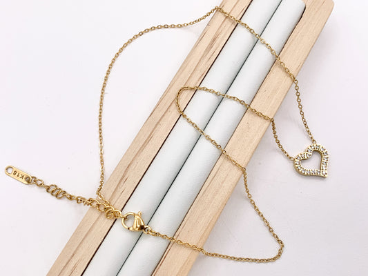 Delicate CZ Pave Heart Necklace Gold Plated Stainless Steel Dainty Flexible Minimalist Finished Necklace 16" with Extension Link 1PC