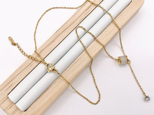 Delicate Spacer Dangle CZ Pave Necklace Gold Plated Stainless Steel Dainty Flexible Minimalist Finished Necklace 16" with Extension Link 1 PC