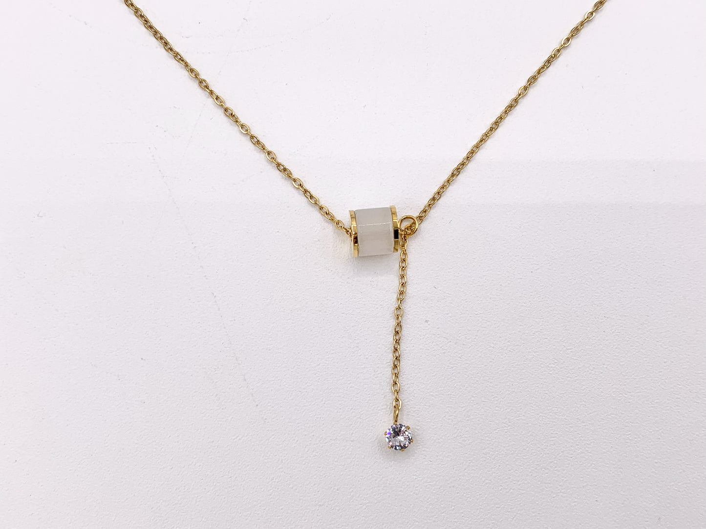 Delicate Spacer Dangle CZ Pave Necklace Gold Plated Stainless Steel Dainty Flexible Minimalist Finished Necklace 16" with Extension Link 1 PC