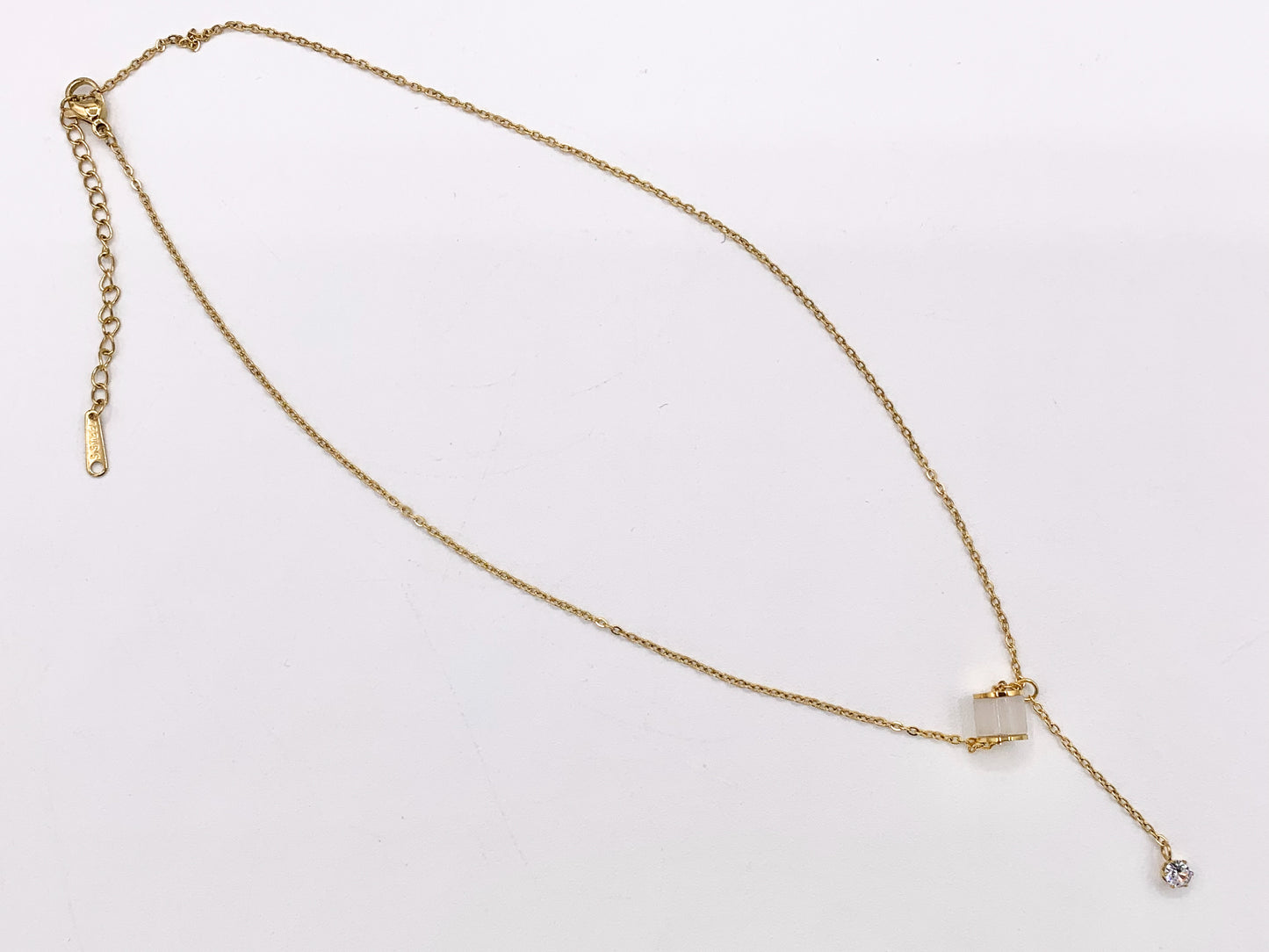 Delicate Spacer Dangle CZ Pave Necklace Gold Plated Stainless Steel Dainty Flexible Minimalist Finished Necklace 16" with Extension Link 1 PC