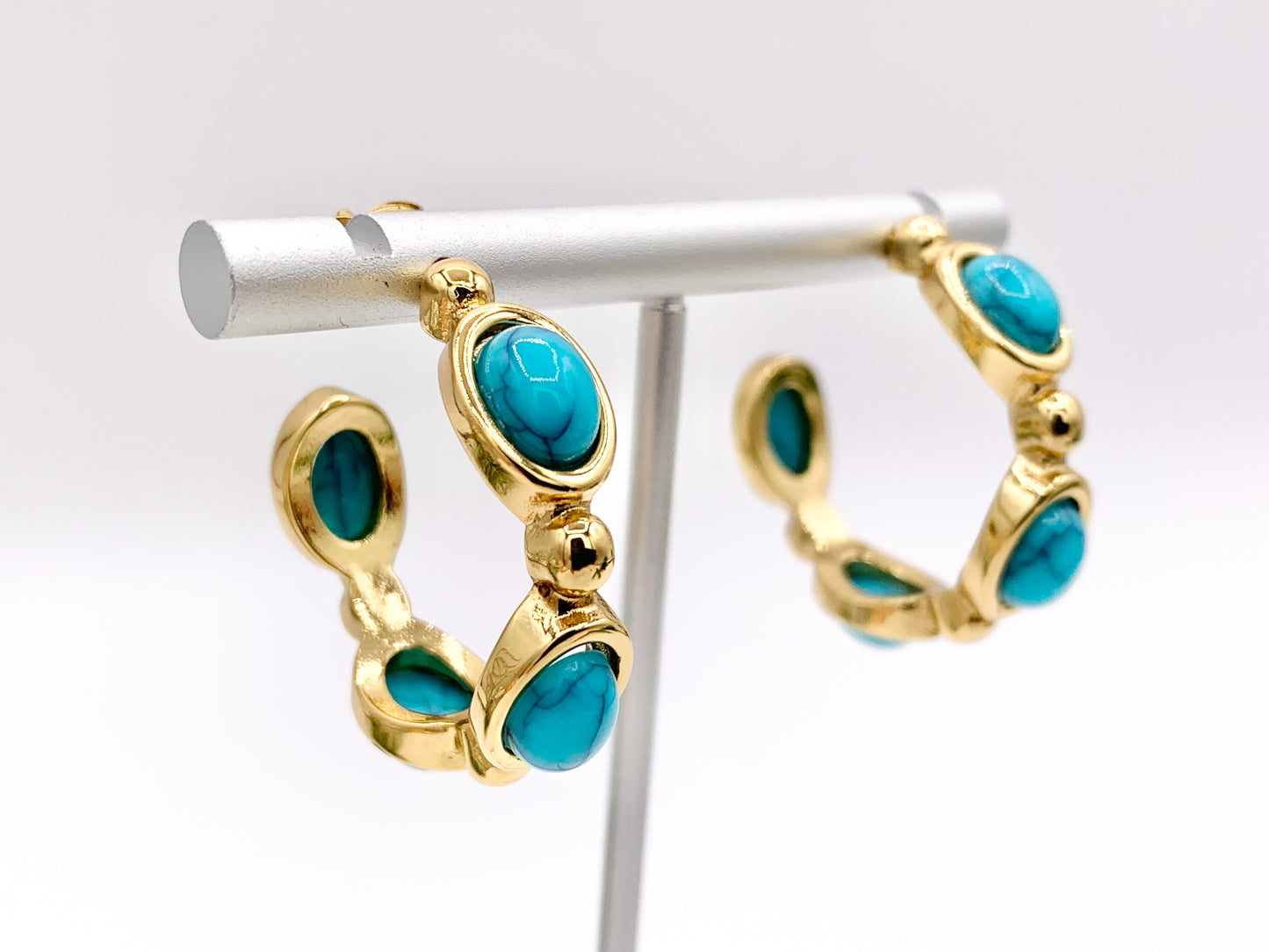 Stainless Steel Turquoise Howlite Earring Hoops in 18K Gold plated Stainless Steel 3 PAIRS