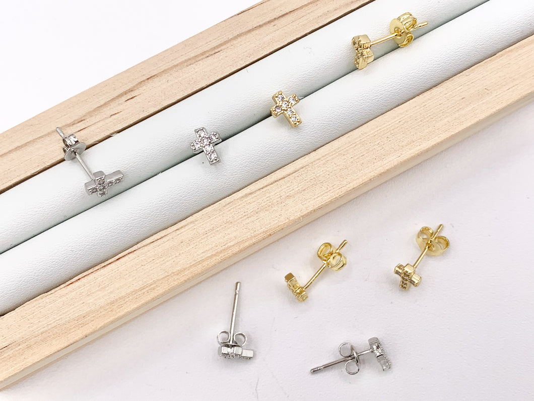 Cute Dainty Cross Studs in CZ Pave 18K Gold/Platinum Plated Over Copper Earrings 5 PAIRS