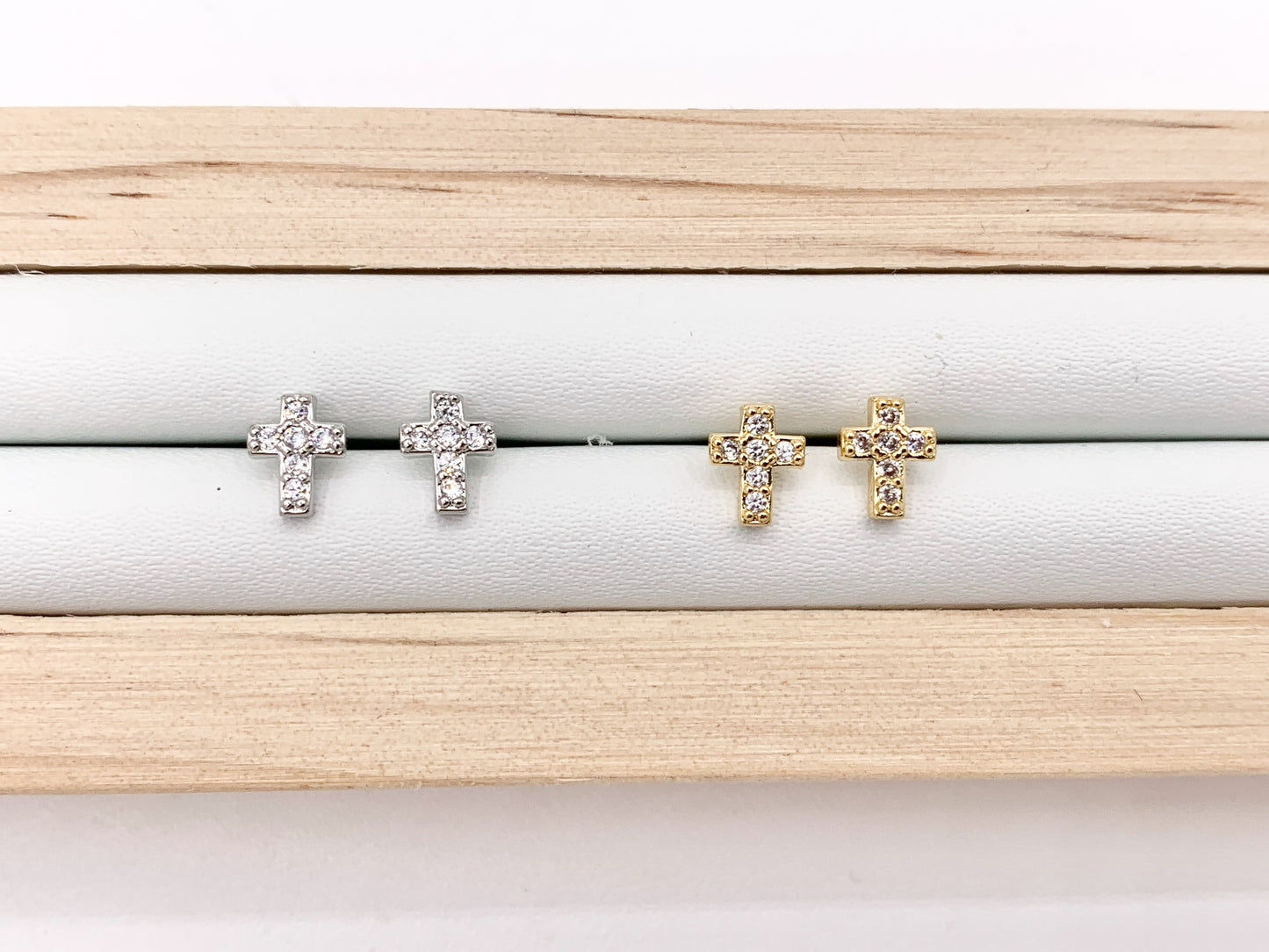 Cute Dainty Cross Studs in CZ Pave 18K Gold/Platinum Plated Over Copper Earrings 5 PAIRS
