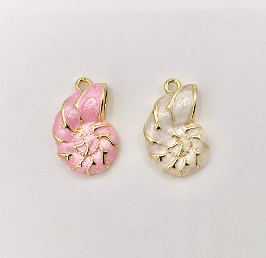 Cute Pink and White Acetate Conch Shell Charms One Sided Pendants Plated in 18K Gold Copper Base 8 PCS