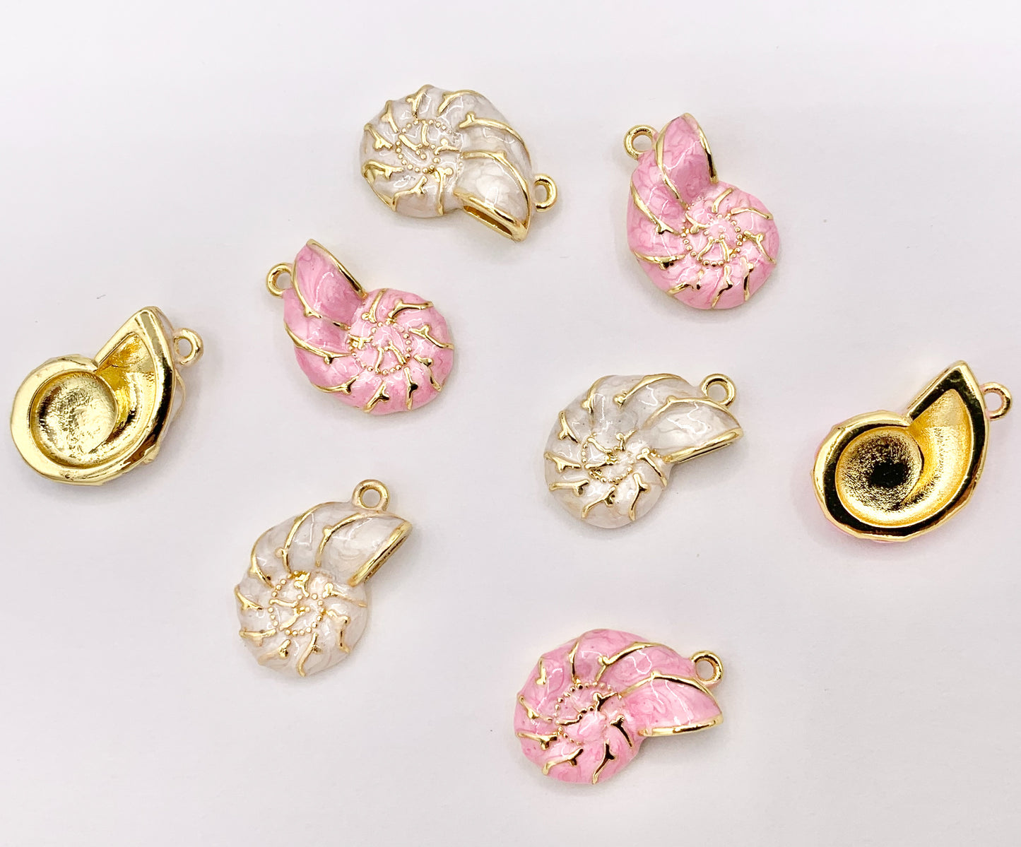 Cute Pink and White Acetate Conch Shell Charms One Sided Pendants Plated in 18K Gold Copper Base 8 PCS