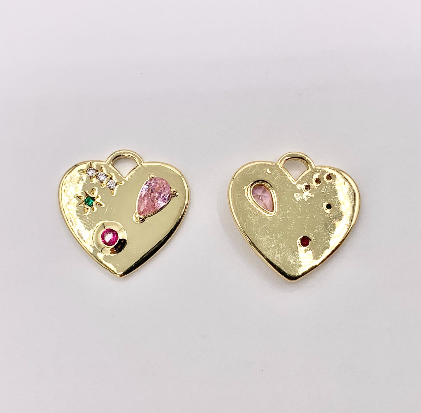 Colorful Rhinestone Heart Charm Pendants in CZ Pave 18K Gold Plated Copper 6 PCS