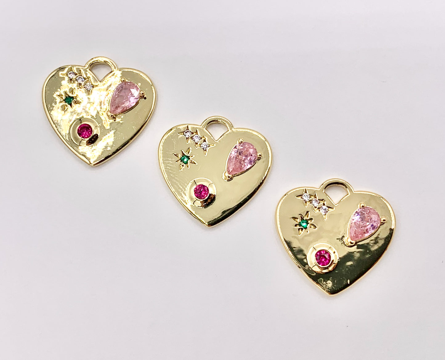Colorful Rhinestone Heart Charm Pendants in CZ Pave 18K Gold Plated Copper 6 PCS