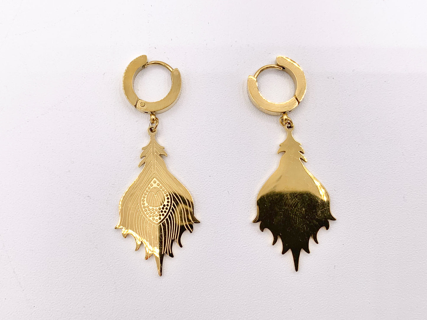 Stainless Steel Peacock Feather Earring Huggies in 18K Gold plated Stainless Steel 3 PAIRS