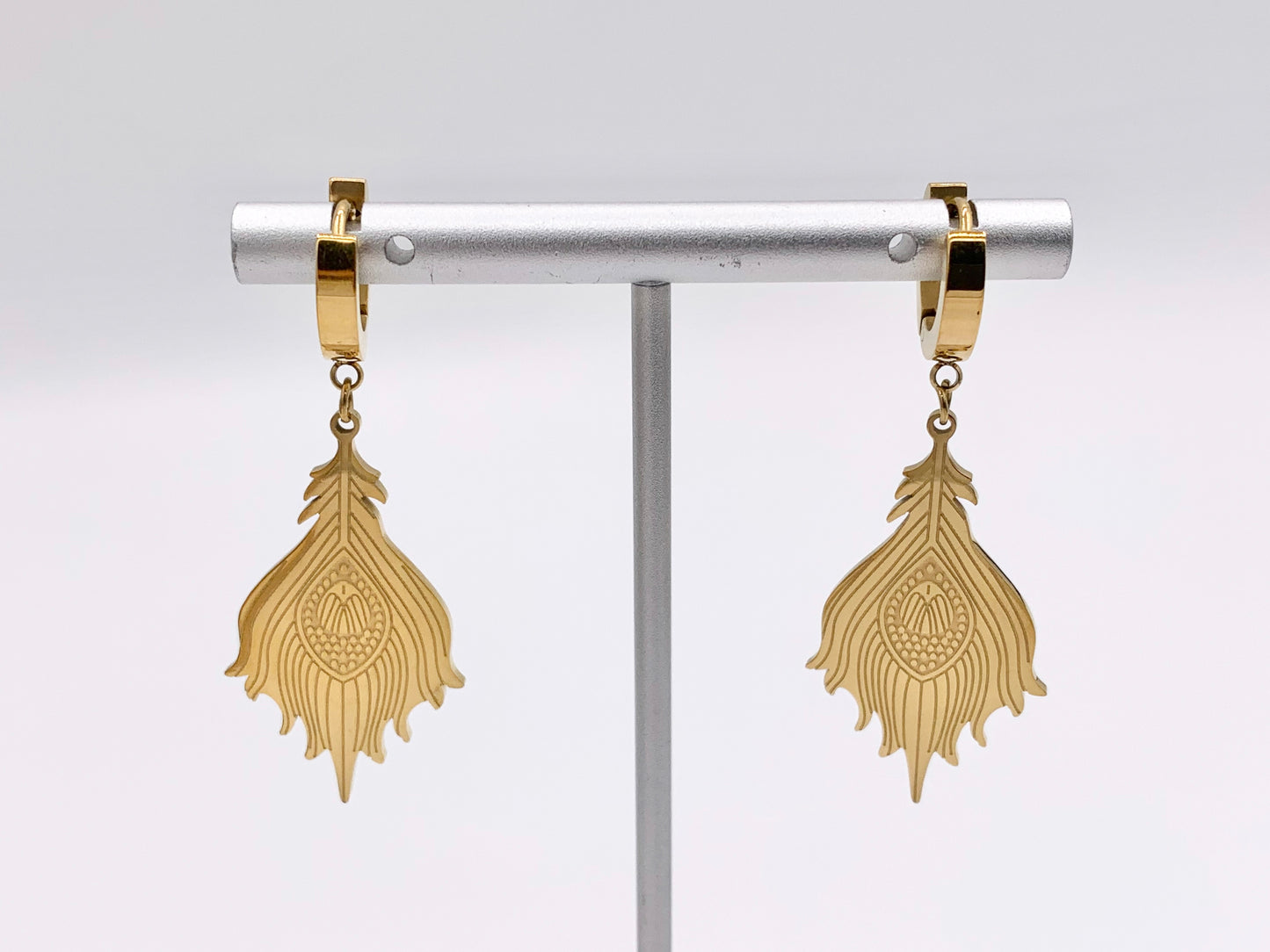 Stainless Steel Peacock Feather Earring Huggies in 18K Gold plated Stainless Steel 3 PAIRS