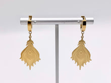 Load image into Gallery viewer, Stainless Steel Peacock Feather Earring Huggies in 18K Gold plated Stainless Steel 3 PAIRS
