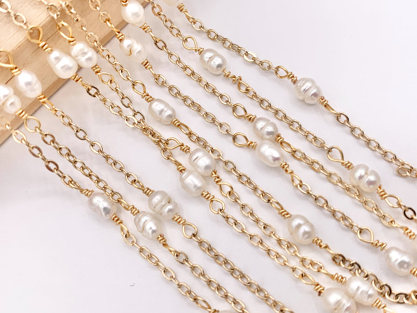 Dainty White Rice Shape Freshwater Pearl Wired Chain in Real Gold 18K Plated Stainless Steel By The Spool For Jewelry Making/Designs