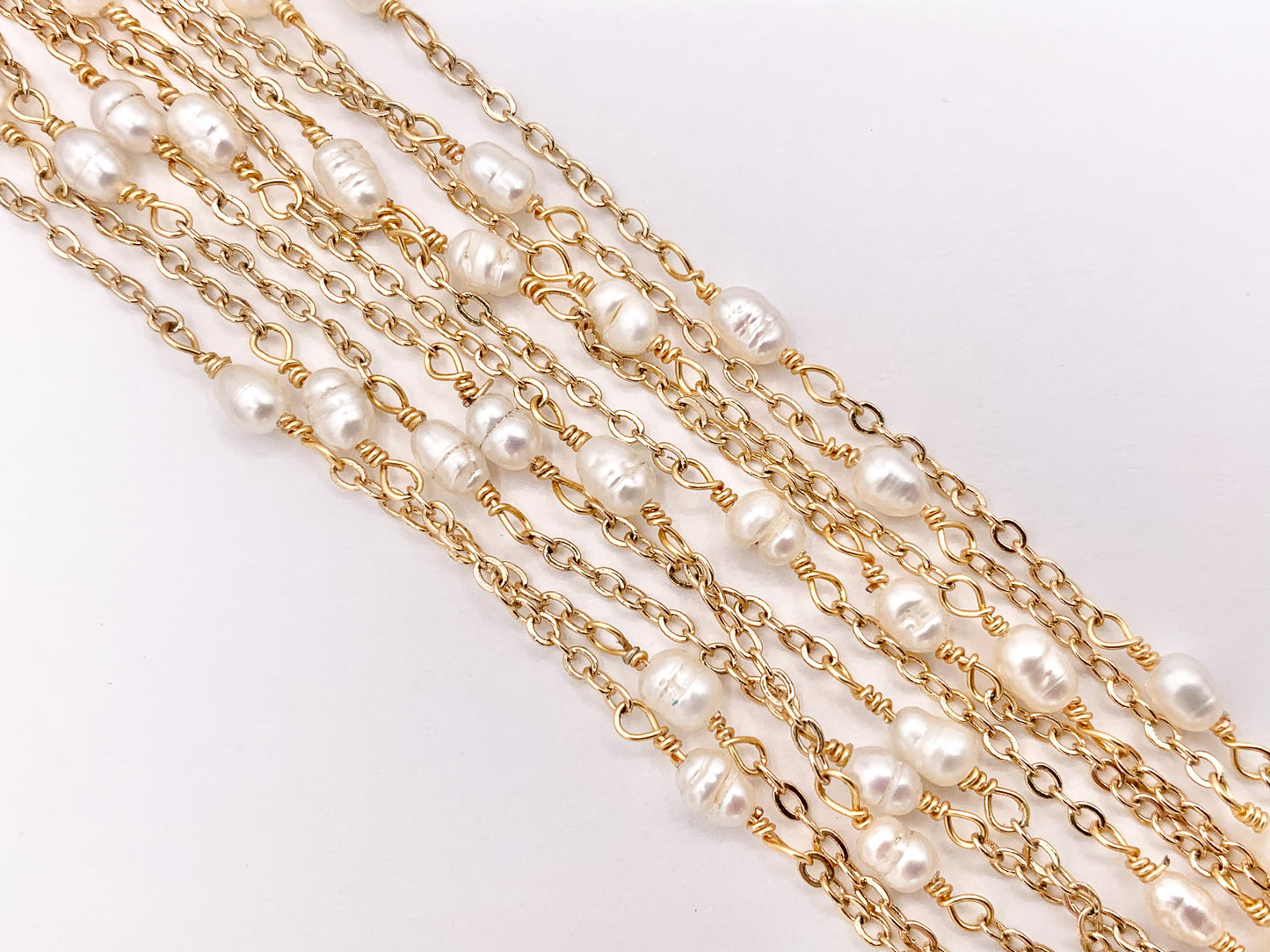 Dainty White Rice Shape Freshwater Pearl Wired Chain in Real Gold 18K Plated Stainless Steel By The Spool For Jewelry Making/Designs