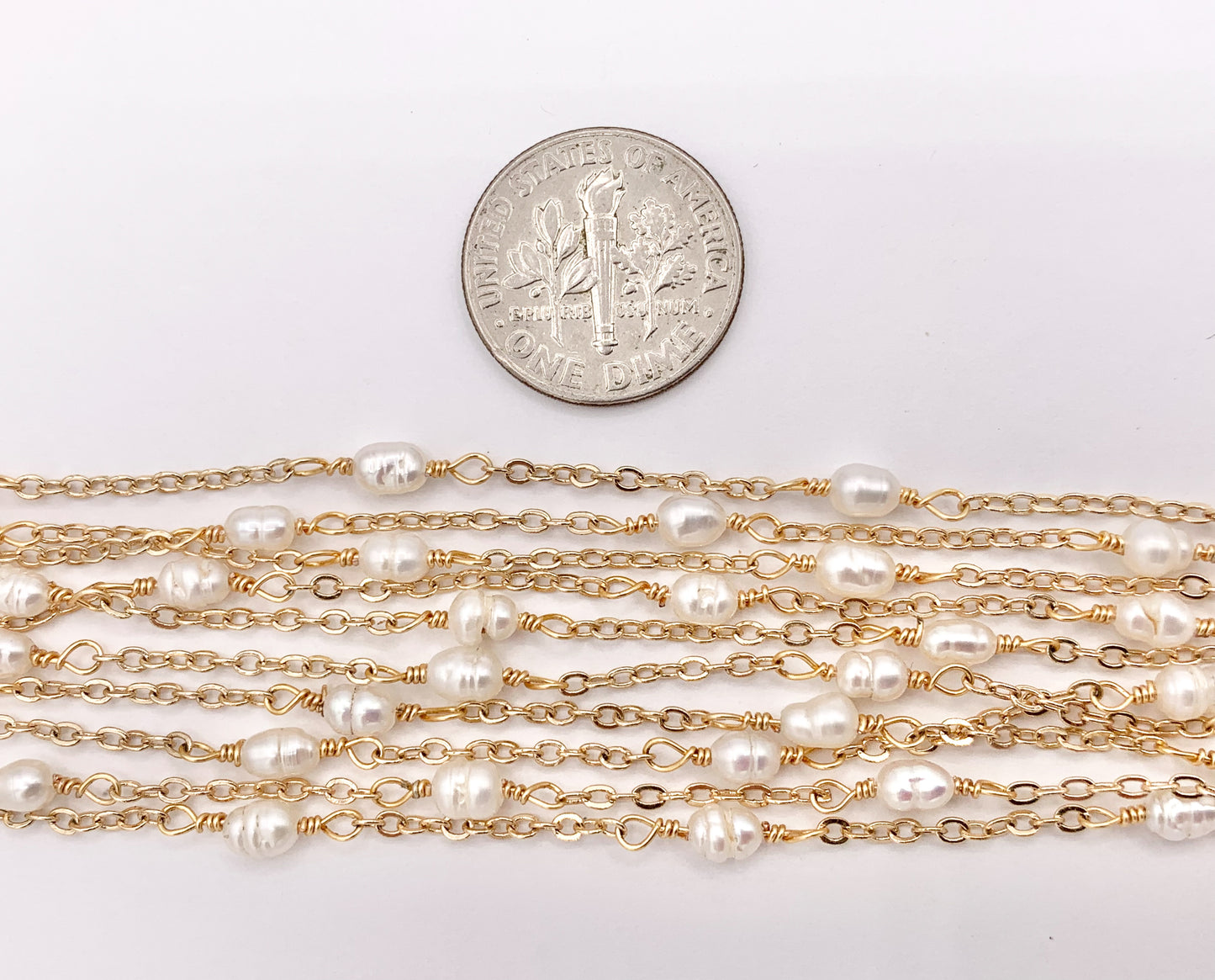 Dainty White Rice Shape Freshwater Pearl Wired Chain in Real Gold 18K Plated Stainless Steel By The Spool For Jewelry Making/Designs