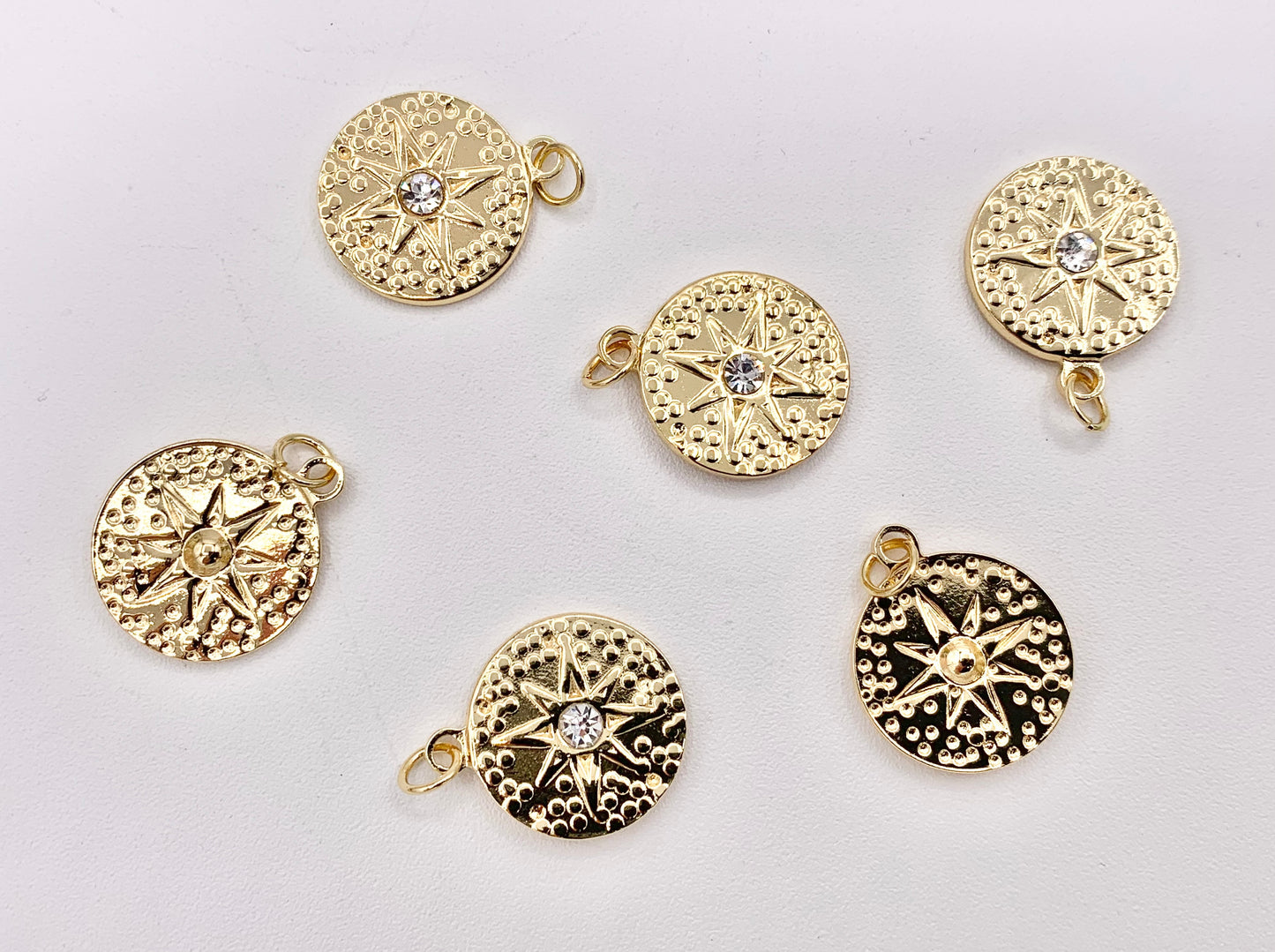 Charming Starburst Coin Circle Charms with CZ Pave in 18K Gold plated Stainless Steel 8 PCS