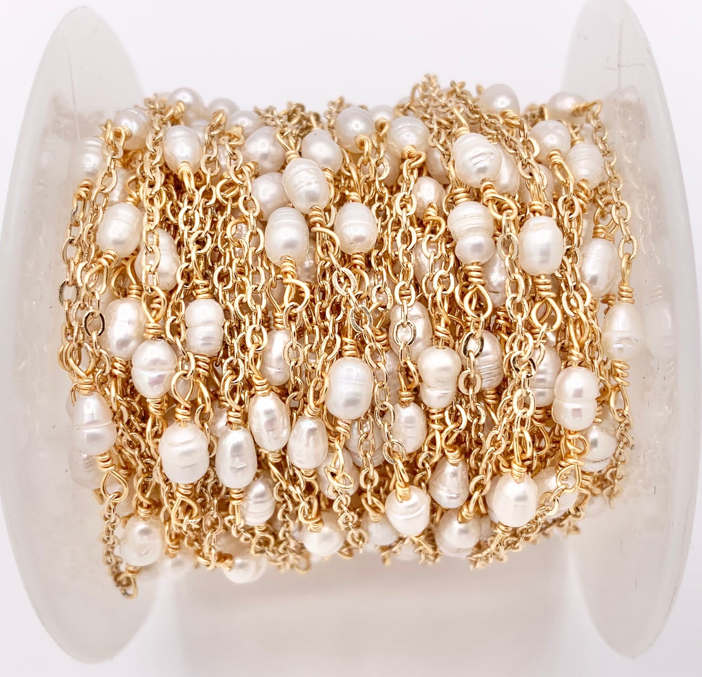 Dainty White Rice Shape Freshwater Pearl Wired Chain in Real Gold 18K Plated Stainless Steel By The Spool For Jewelry Making/Designs