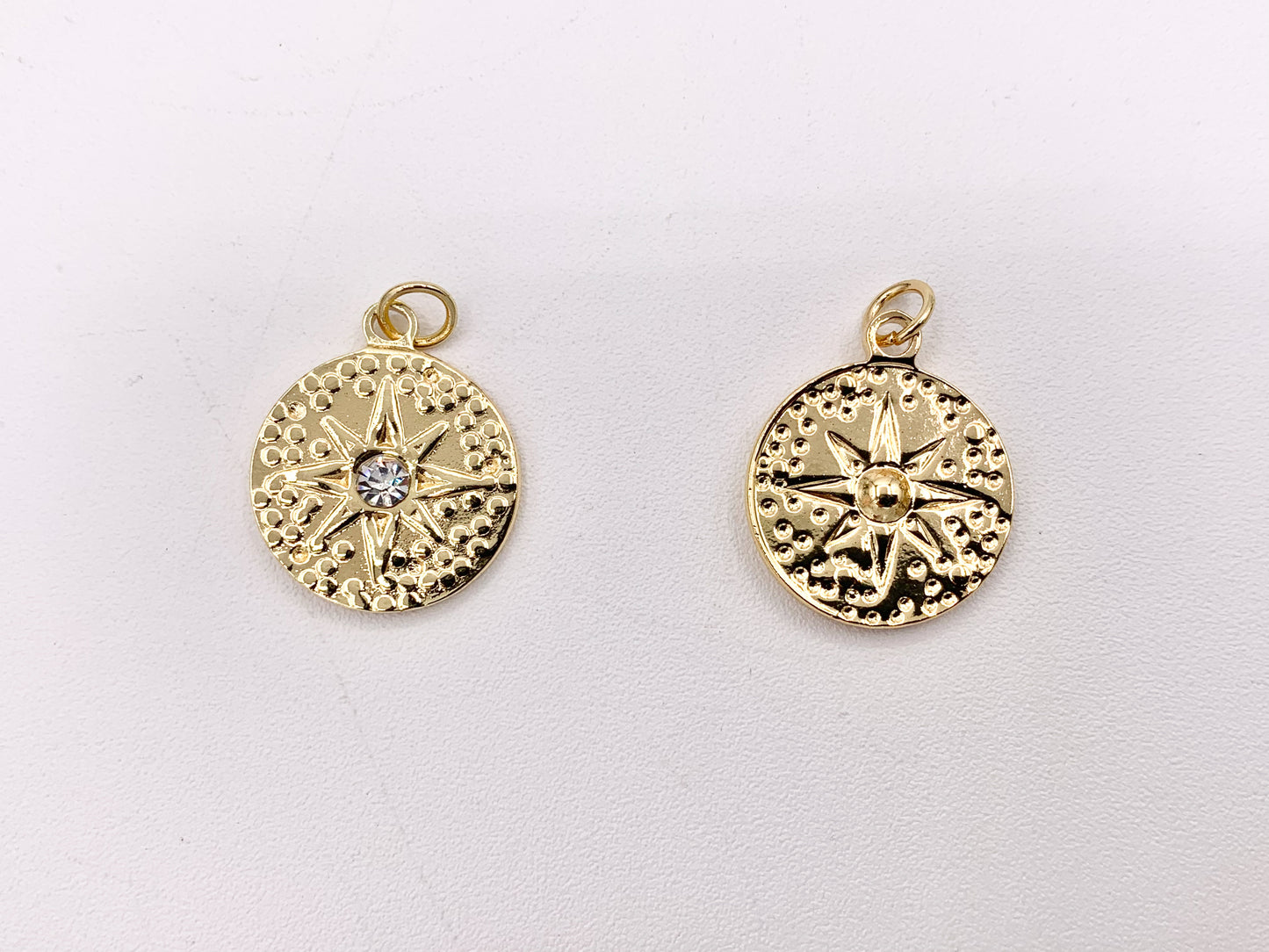 Charming Starburst Coin Circle Charms with CZ Pave in 18K Gold plated Stainless Steel 8 PCS
