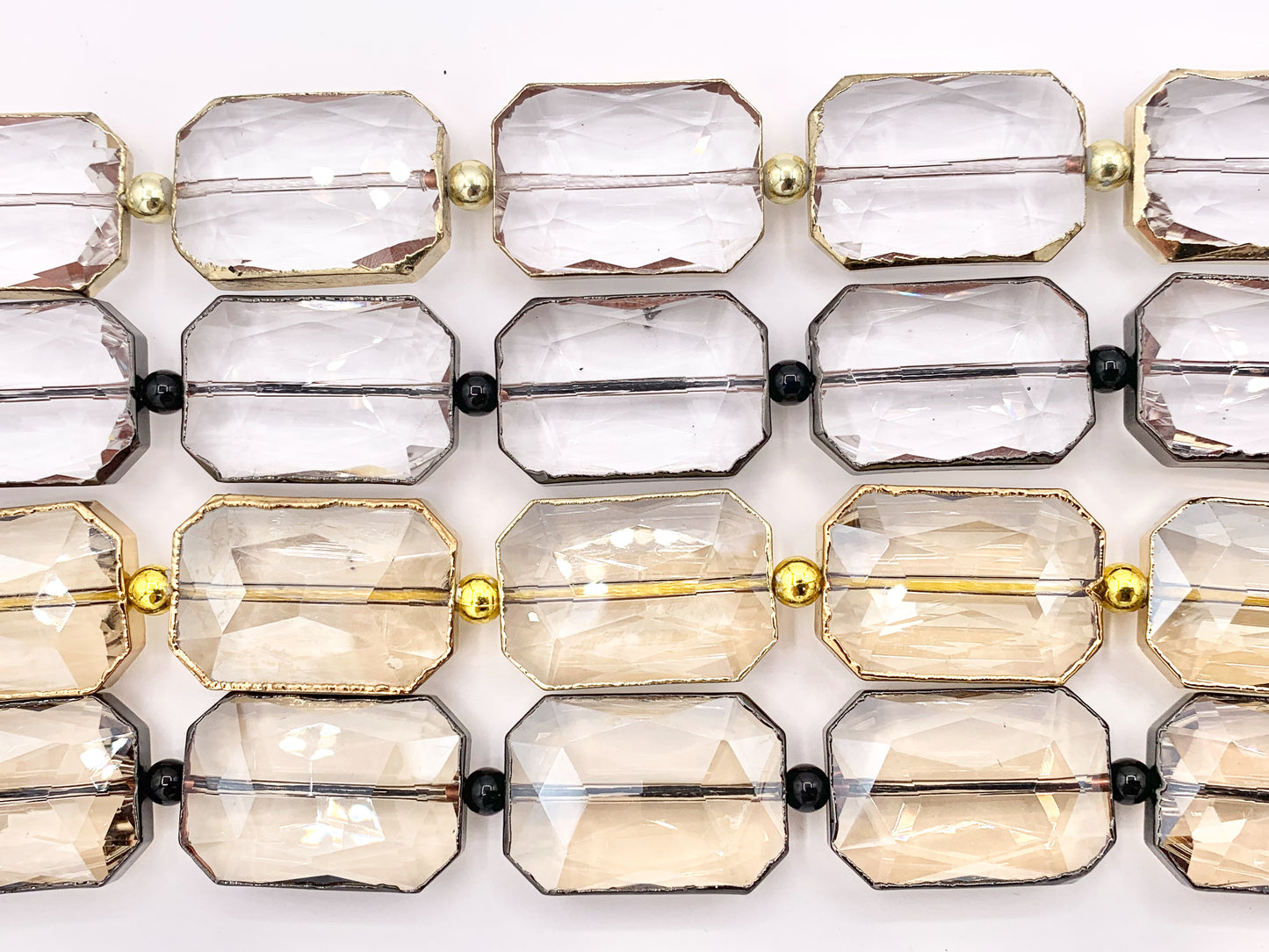 18x26mm Gold/Gunmetal Trimmed Faceted Shiny Dyed Glass Rectangle Crystal Strands Clear and Champagne Around 7" Price For 1 Strand