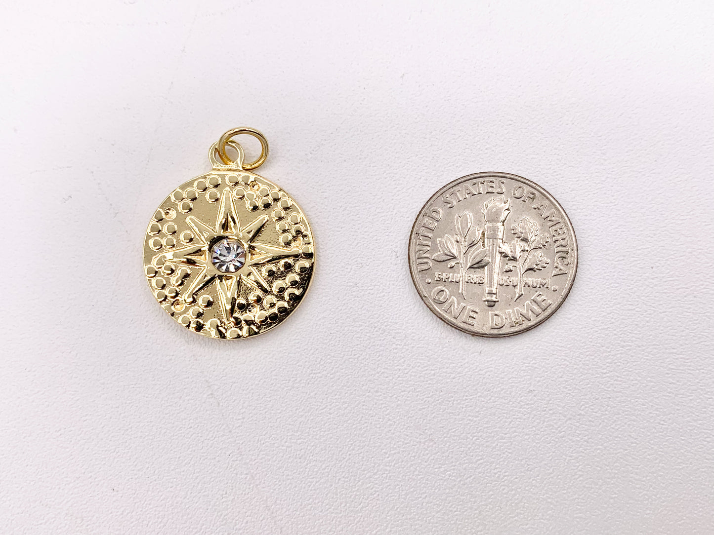 Charming Starburst Coin Circle Charms with CZ Pave in 18K Gold plated Stainless Steel 8 PCS