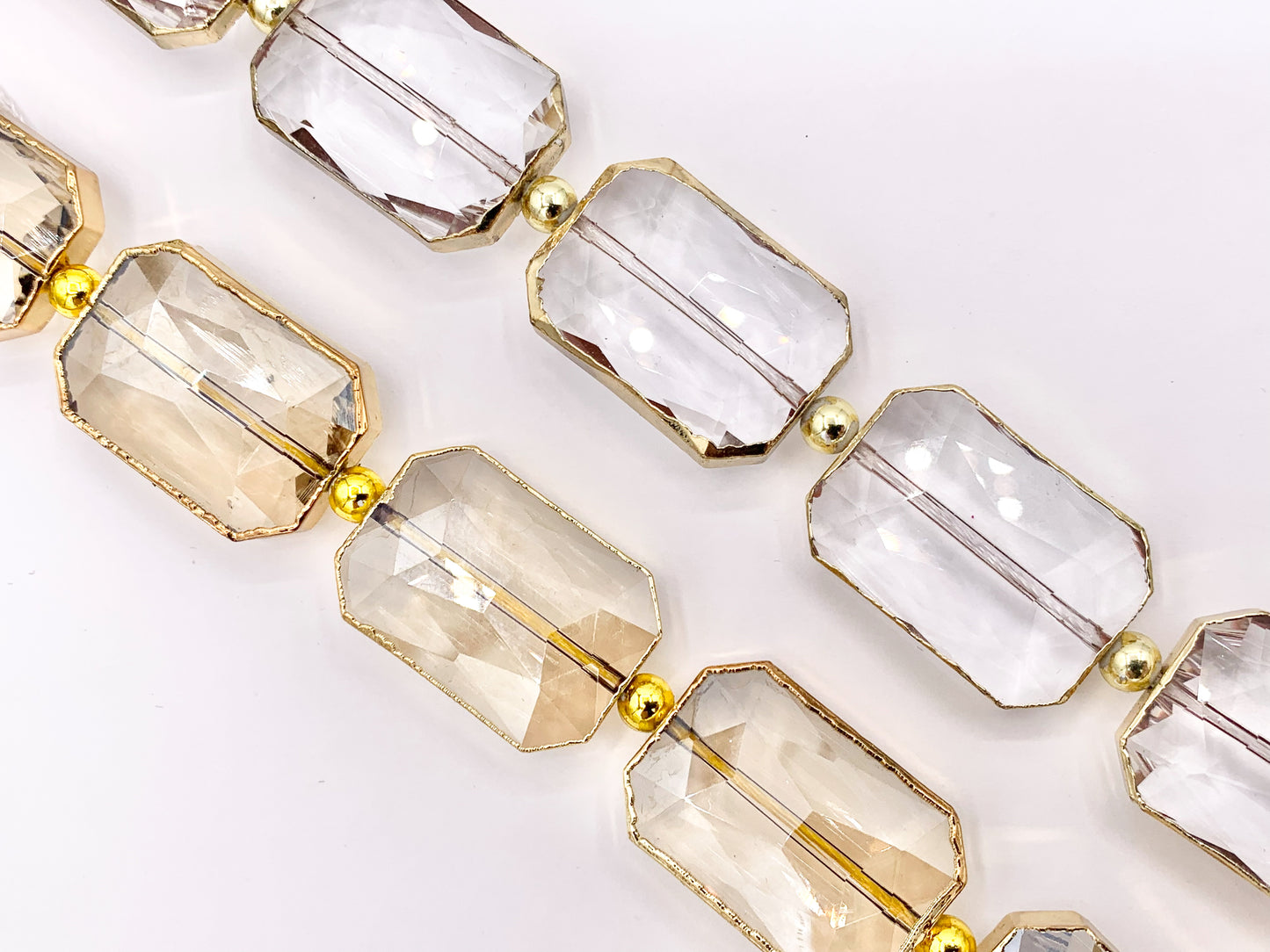 18x26mm Gold/Gunmetal Trimmed Faceted Shiny Dyed Glass Rectangle Crystal Strands Clear and Champagne Around 7" Price For 1 Strand