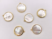 Load image into Gallery viewer, Mother of Pearl Coin Pendant Charm in Real Gold 18K Plated Over Brass 6 PCS
