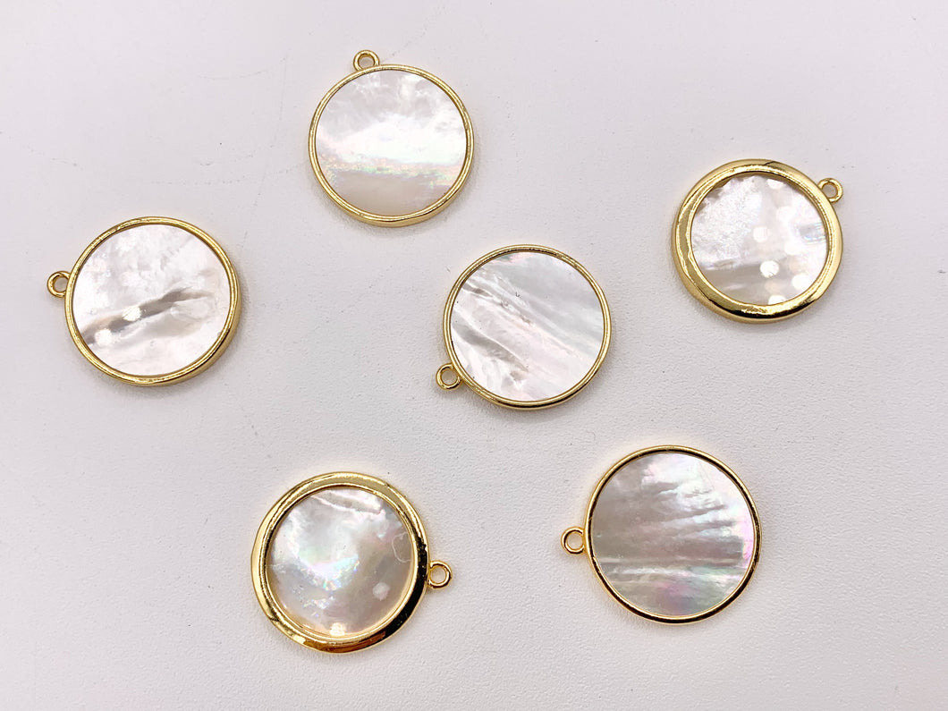 Mother of Pearl Coin Pendant Charm in Real Gold 18K Plated Over Brass 6 PCS