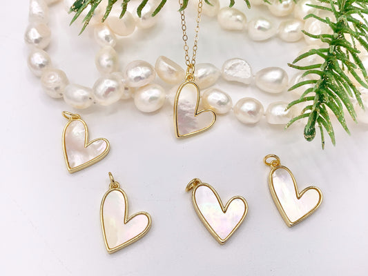 Abstract Mother of Pearl Heart Pendant Charm in Real Gold 18K Plated Over Brass 8 PCS