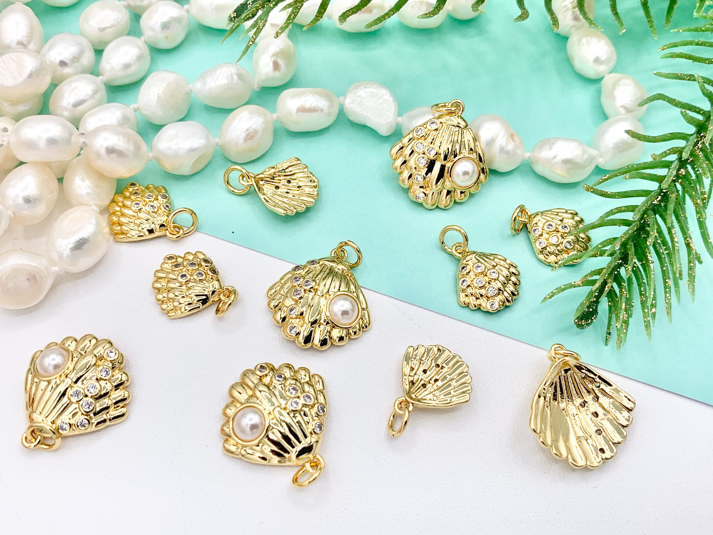 CZ Pave Pearl Shell Shape Summer Sealife Pendant in Real Gold 18K Plated Over Brass 8PCS For Large 10 PCS For Small