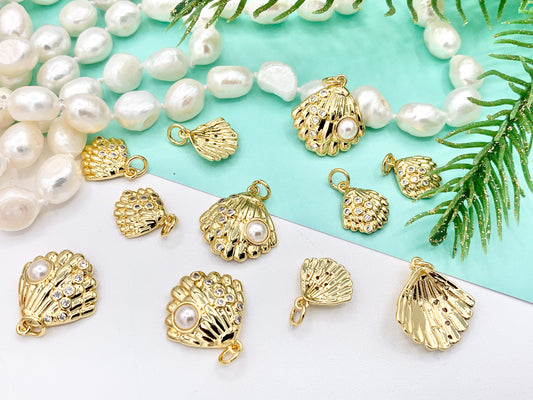 CZ Pave Pearl Shell Shape Summer Sealife Pendant in Real Gold 18K Plated Over Brass 8PCS For Large 10 PCS For Small