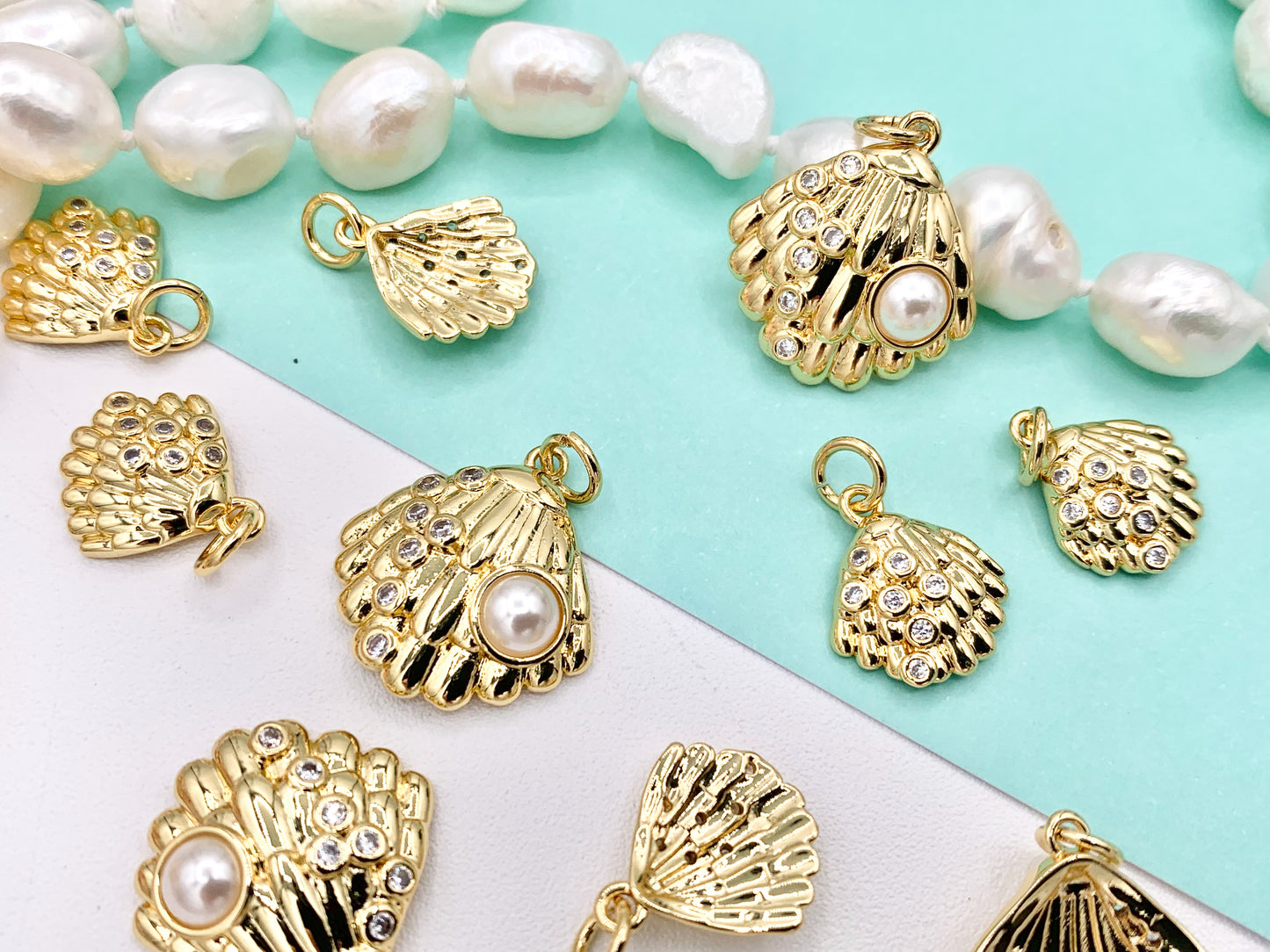 CZ Pave Pearl Shell Shape Summer Sealife Pendant in Real Gold 18K Plated Over Brass 8PCS For Large 10 PCS For Small