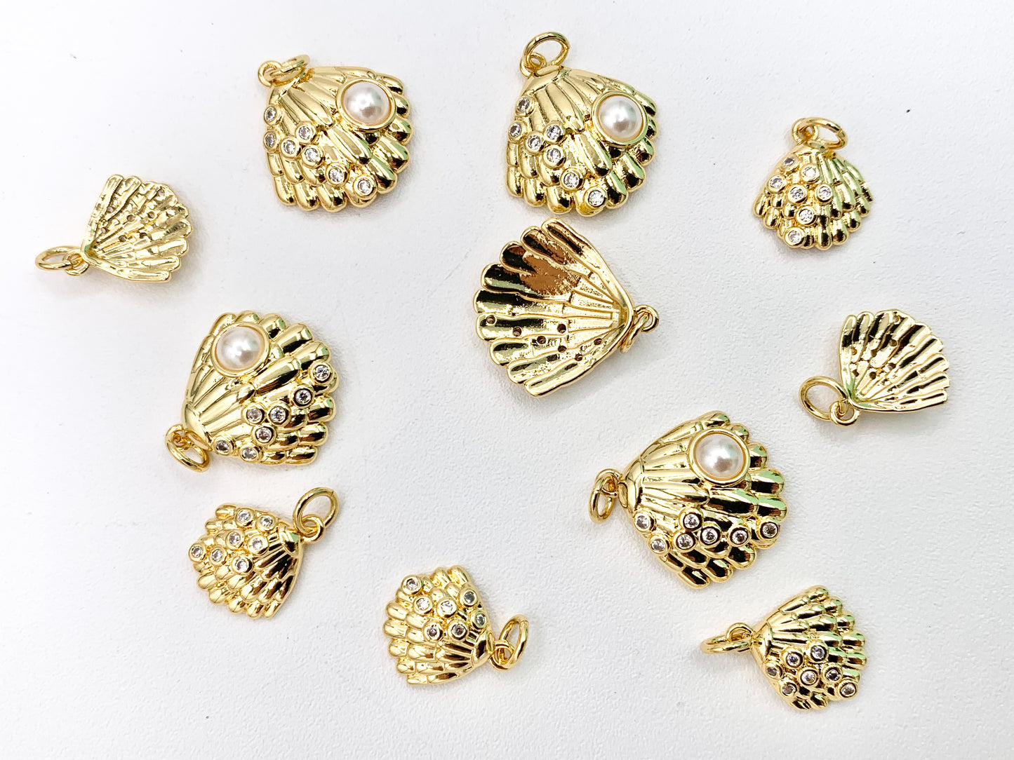 CZ Pave Pearl Shell Shape Summer Sealife Pendant in Real Gold 18K Plated Over Brass 8PCS For Large 10 PCS For Small
