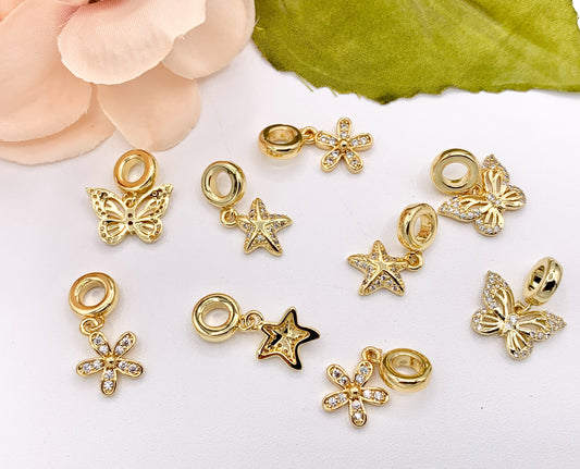 Cute Butterfly, Starfish and Flower Charms on Spacer Bead in Real 18K Gold Plated CZ Pave Over Brass 8PCS