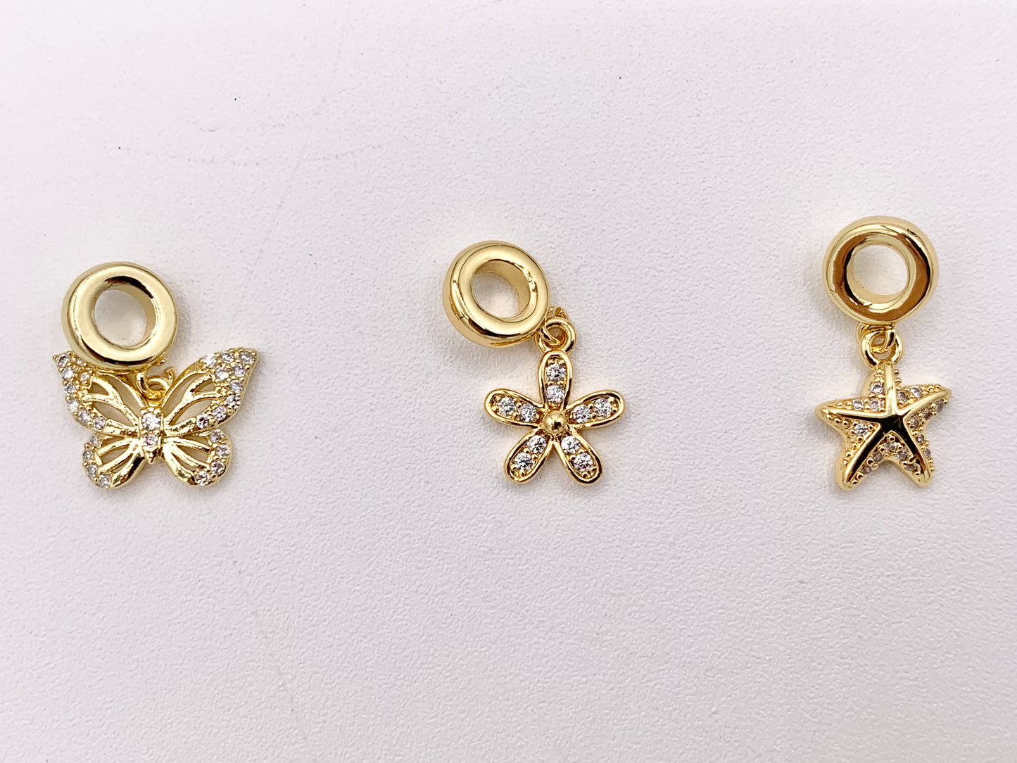 Cute Butterfly, Starfish and Flower Charms on Spacer Bead in Real 18K Gold Plated CZ Pave Over Brass 8PCS
