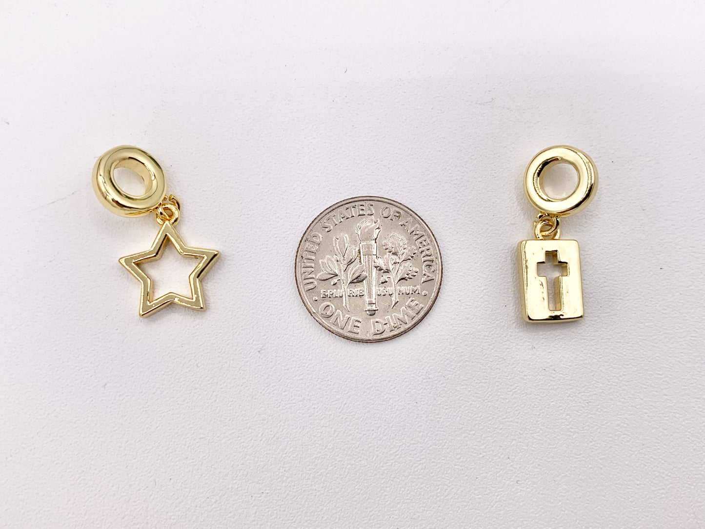 Hollow Star and Cross Charms on Spacer Bead in Real 18K Gold Plated Over Brass 10 PCS
