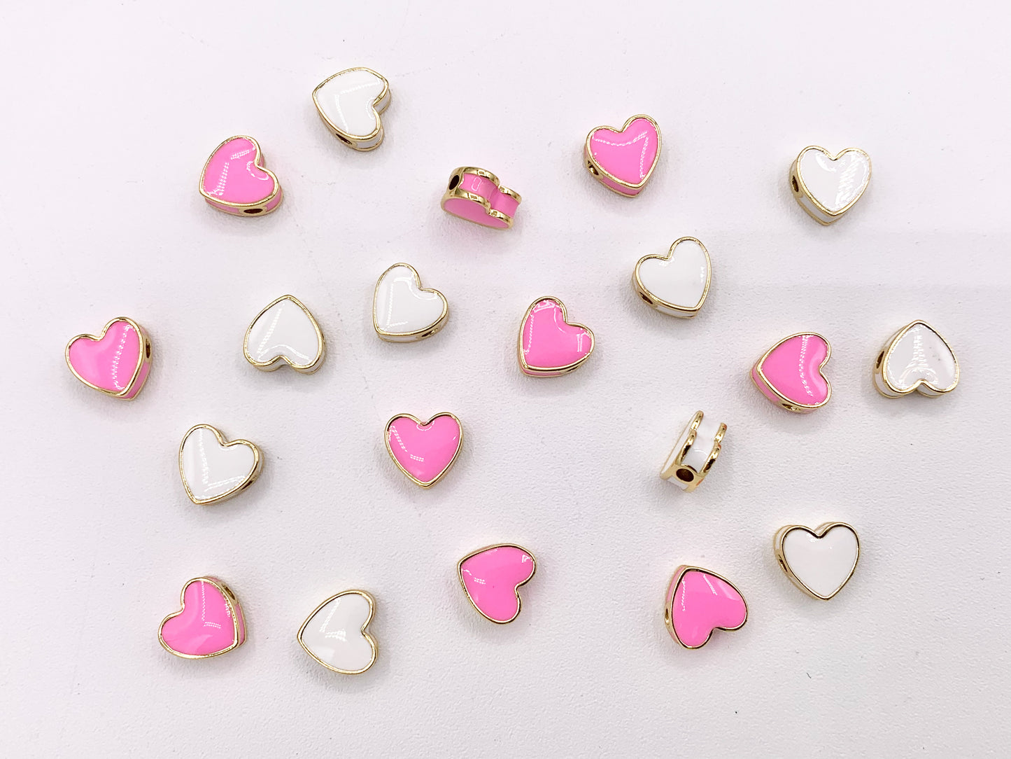 9x10mm Enamel Pink and White Heart Spacer Beads in Real 18K Gold Plated Over Copper 10 PCS