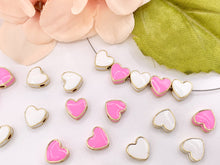 Cargar imagen en el visor de la galería, 9x10mm Enamel Pink and White Heart Spacer Beads in Real 18K Gold Plated Over Copper 10 PCS
