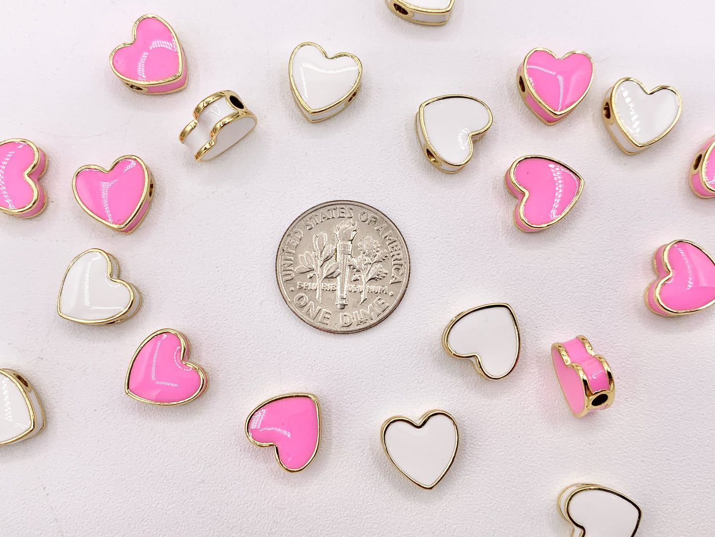 9x10mm Enamel Pink and White Heart Spacer Beads in Real 18K Gold Plated Over Copper 10 PCS
