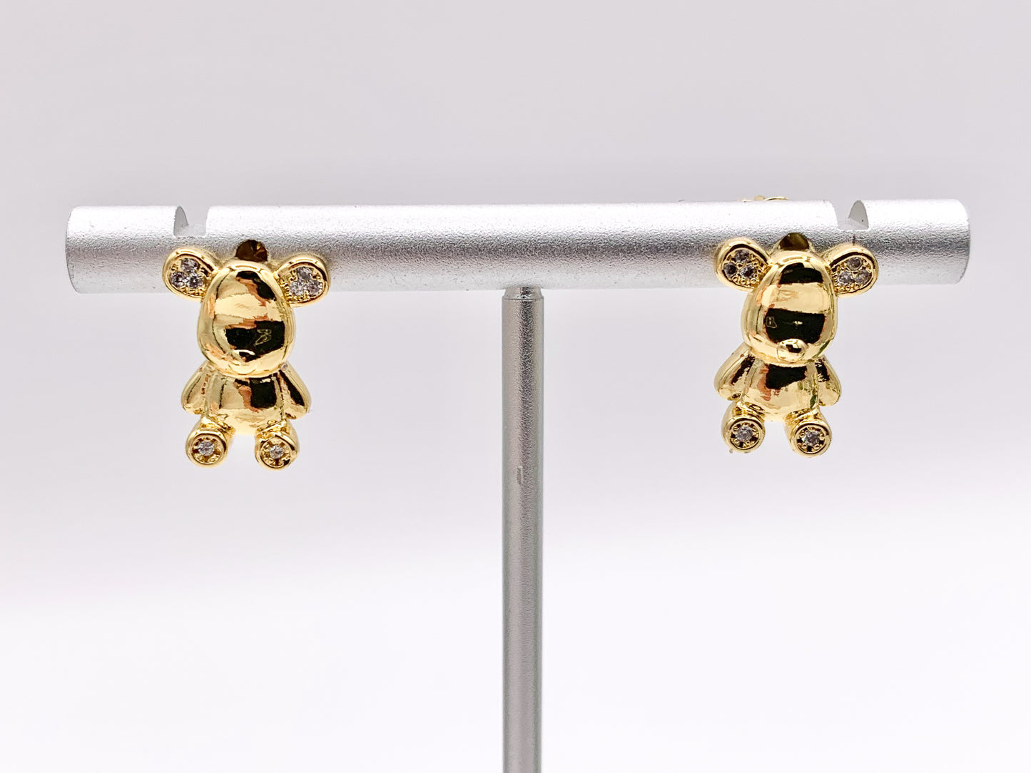 Cute Teddy Bear Earring Studs in Real 18K Gold Plated CZ Pave Over Copper 4 PAIRS