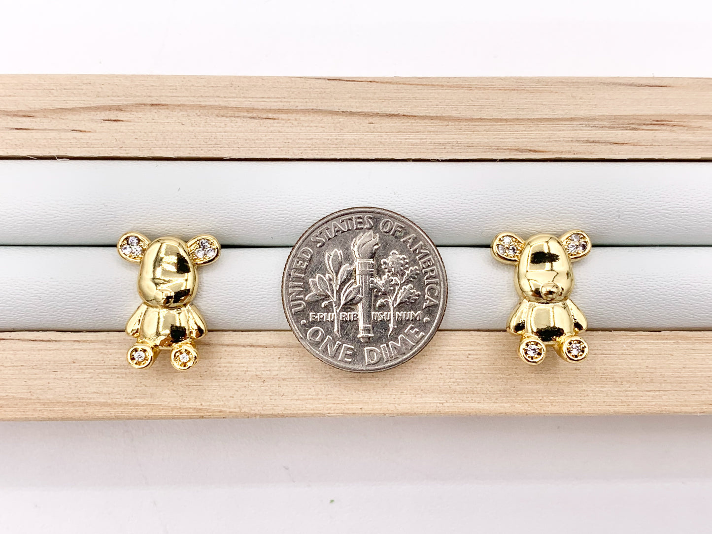Cute Teddy Bear Earring Studs in Real 18K Gold Plated CZ Pave Over Copper 4 PAIRS