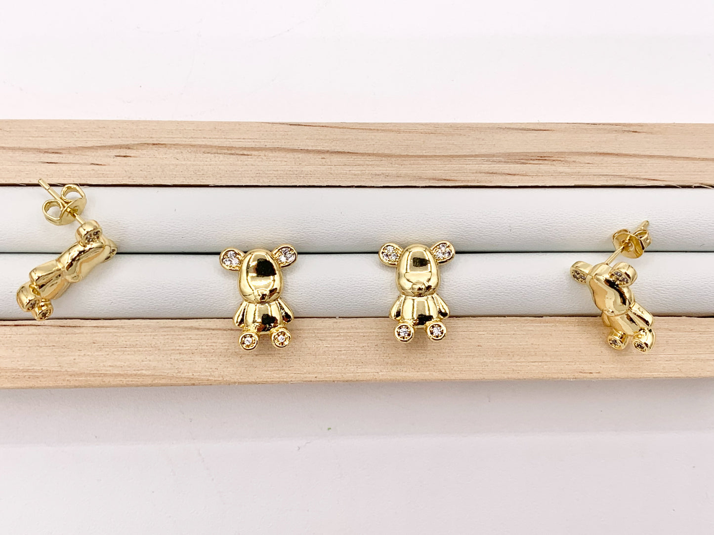 Cute Teddy Bear Earring Studs in Real 18K Gold Plated CZ Pave Over Copper 4 PAIRS