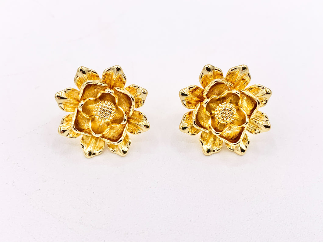 Big Lotus Flower Earring Studs in Real 18K Gold Plated Over Copper 3 PAIRS