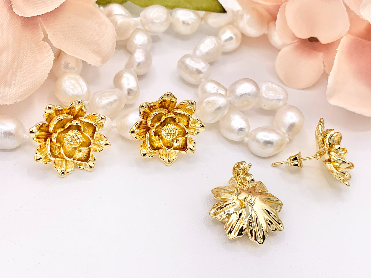 Big Lotus Flower Earring Studs in Real 18K Gold Plated Over Copper 3 PAIRS